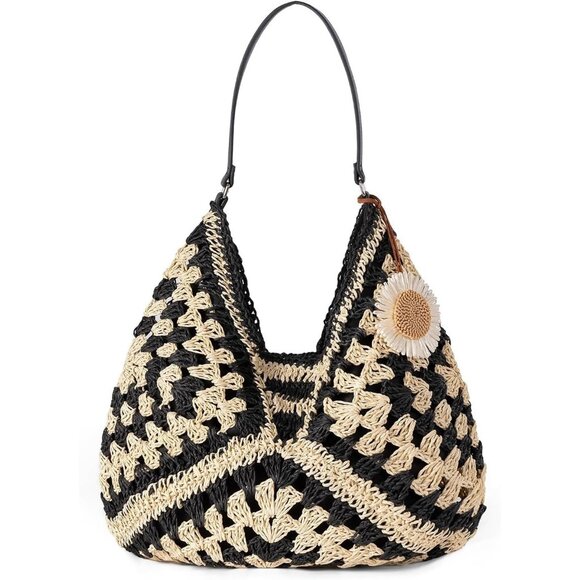 Women's Black Straw Beach Bag Vintage Hobo Shoulder Tote - Summer Bag for Travel - Picture 1 of 5